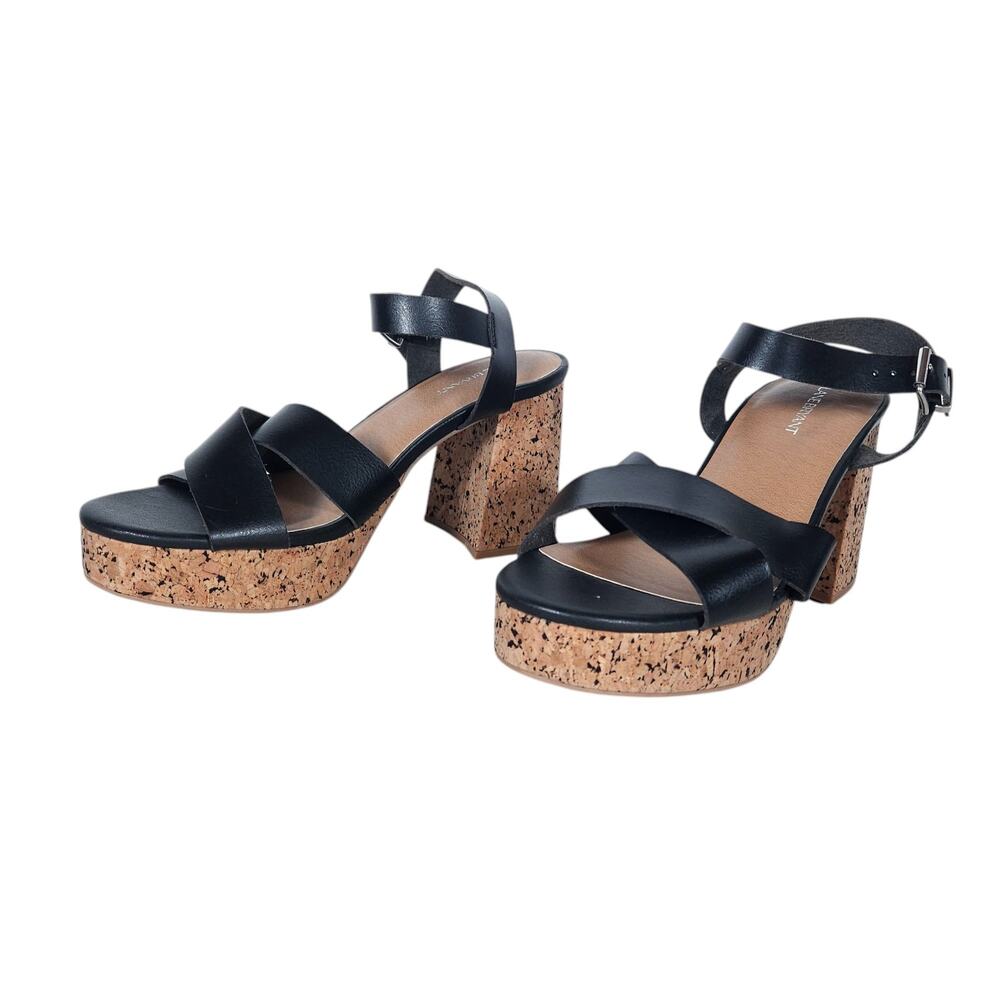 Lane Bryant Platform Sandals 10 Black Vegan Leather Cork Block Heel Strappy - Picture 3 of 10